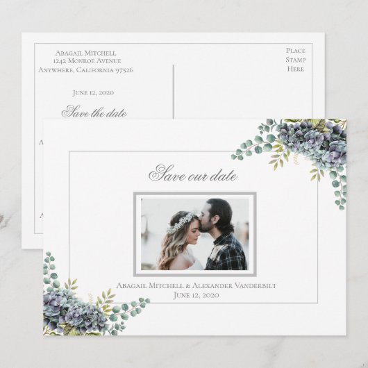 Paars Hydrangeas Eucalyptus foto Opslaan van de da Save The Date (Voorkant / Achterkant)