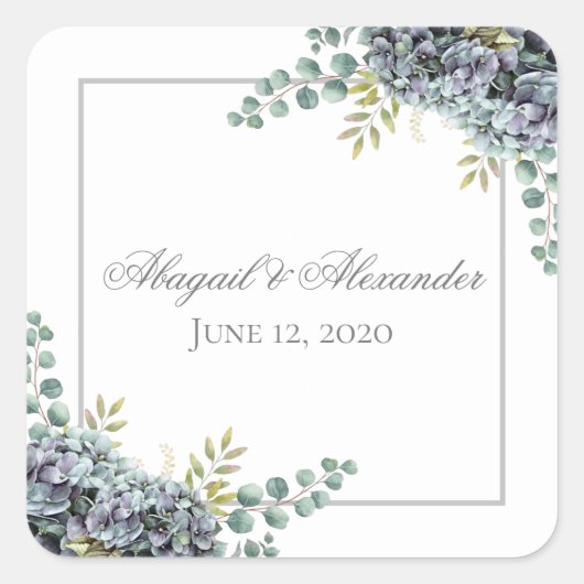 Paars Hydrangeas Eucalyptus Square Vierkante Sticker (Voorkant)