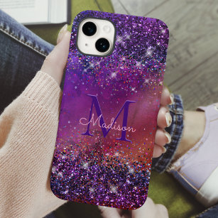 Paars ijzerhoudend geborsteld metaal glitter monog iPhone 15 case