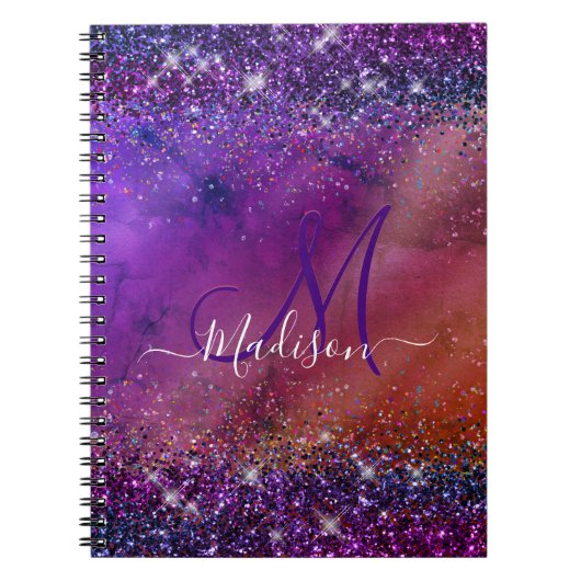 Paars ijzerhoudend geborsteld metaal glitter monog notitieboek (Voorkant)