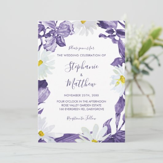 Paars Iris Daisy Waterverf Botanical Wedding Kaart (Staand voorkant)