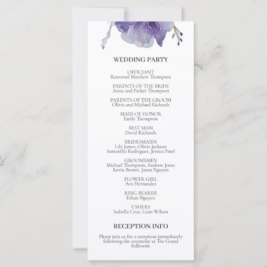 Paars Iris Waterverf Wedding Programme (Achterkant)