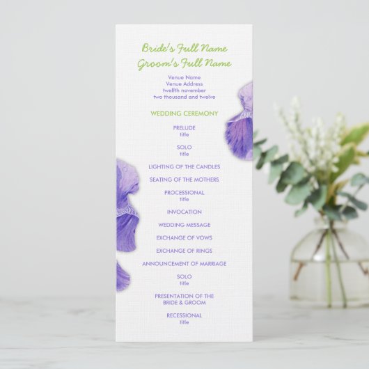 Paars Iris Wedding Programme Programmakaart (Staand voorkant)
