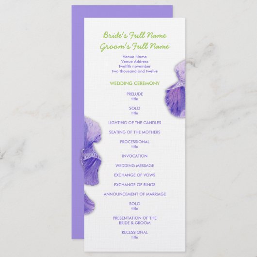 Paars Iris Wedding Programme Programmakaart (Voorkant / Achterkant)