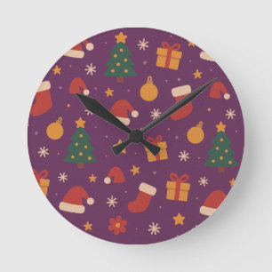 Paars Kerstpatroon Esthetisch – Schattige Feestdag Ronde Klok
