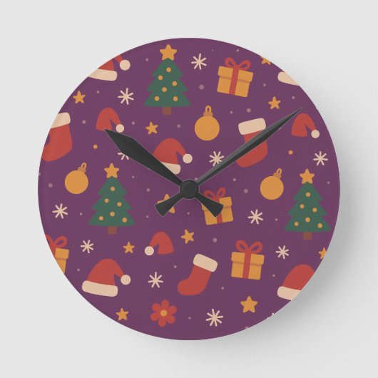 Paars Kerstpatroon Esthetisch – Schattige Feestdag Ronde Klok (Voorkant)