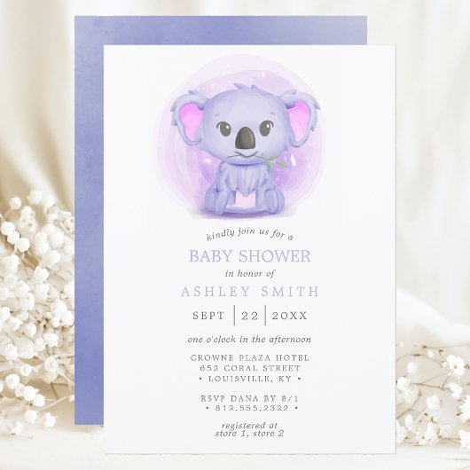 Paars Koala Cute Whimsical Waterverf Baby shower Kaart