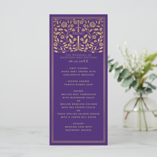 Paars koninklijk middeleeuws Sword Wedding Flat Me Menu (Staand voorkant)