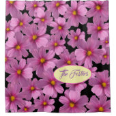 Paars kosmos-ventilatorontwerp op een zwarte achte douchegordijn (Voorkant)