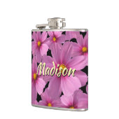 Paars kosmos-ventilatorontwerp op een zwarte achte heupfles (Links)