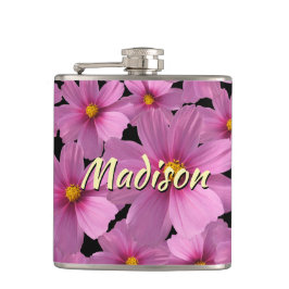 Paars kosmos-ventilatorontwerp op een zwarte achte heupfles