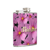 Paars kosmos-ventilatorontwerp op een zwarte achte heupfles (Rechts)