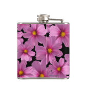 Paars kosmos-ventilatorontwerp op een zwarte achte heupfles (Achterkant)