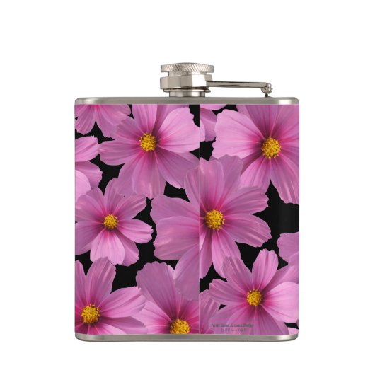 Paars kosmos-ventilatorontwerp op een zwarte achte heupfles (Achterkant)