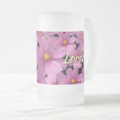 Paars kosmos-ventilatorontwerp op een zwarte achte matglas bierpul (Voorkant rechts)