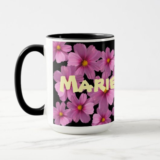 Paars kosmos-ventilatorontwerp op een zwarte achte mok (Links)