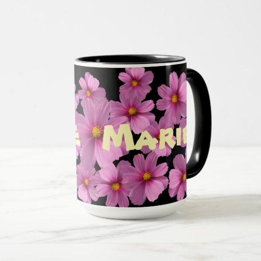 Paars kosmos-ventilatorontwerp op een zwarte achte mok (Voorkant rechts)