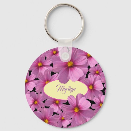 Paars kosmos-ventilatorontwerp op een zwarte achte sleutelhanger (Voorkant)