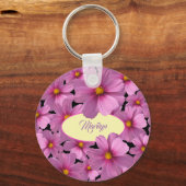 Paars kosmos-ventilatorontwerp op een zwarte achte sleutelhanger (Voorkant)