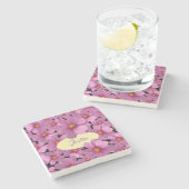 Paars kosmos-ventilatorontwerp op een zwarte achte stenen onderzetter (Zijkant)