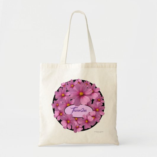 Paars kosmos-ventilatorontwerp op een zwarte achte tote bag (Voorkant)