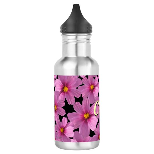 Paars kosmos-ventilatorontwerp op een zwarte achte waterfles  (Links)