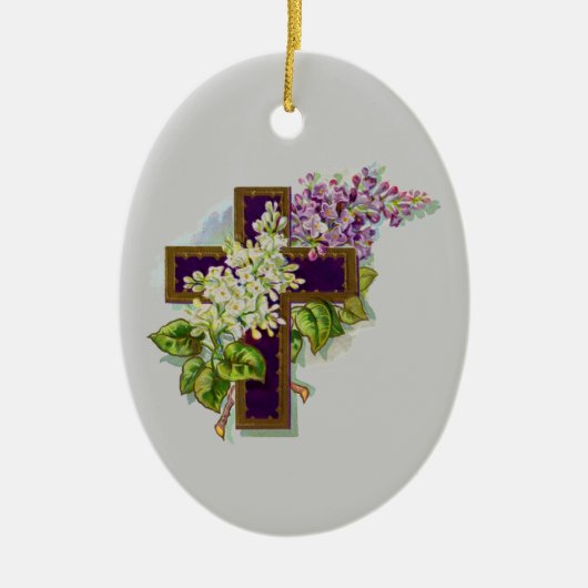 Paars kruis met bloemen keramisch ornament (Voorkant)