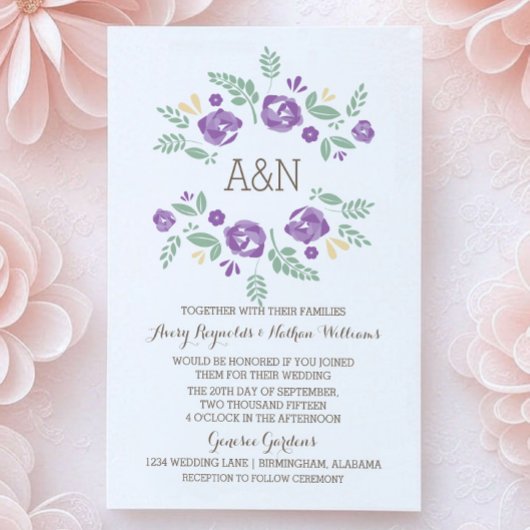 Paars land - Floral monogram bruiloft uitnodigen Kaart
