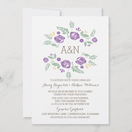 Paars land - Floral monogram bruiloft uitnodigen Kaart (Voorkant)