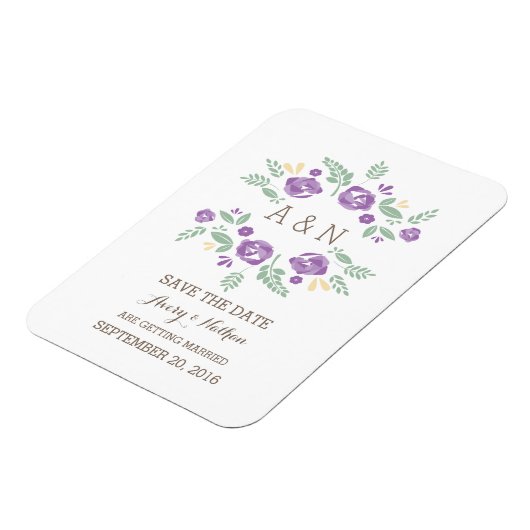 Paars landelijk bloemmonogram Opslaan datum Magneet (Linkerzijde)