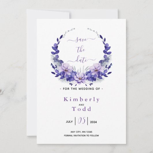 Paars Lavendel & Zilver Bloemig Save the Date Kaart (Voorkant)