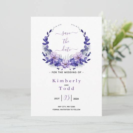 Paars Lavendel & Zilver Bloemig Save the Date Kaart (Staand voorkant)