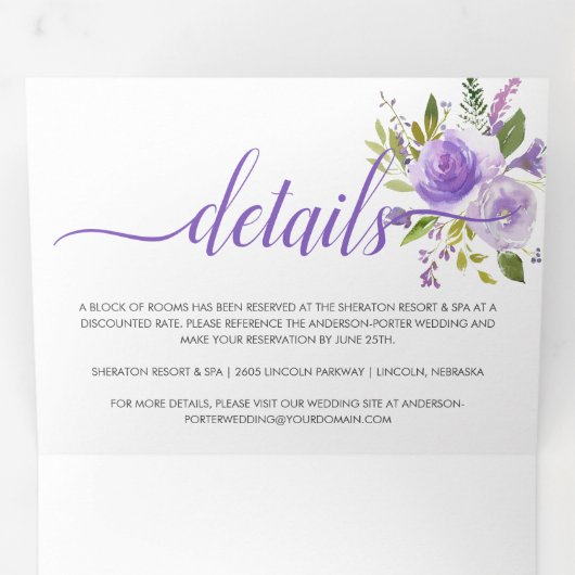 Paars Lavender Champagne Waterverf Floral Drieluik Uitnodiging (Binnenzijde eerst)