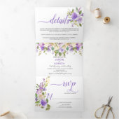Paars Lavender Champagne Waterverf Floral Drieluik Uitnodiging (Binnen)