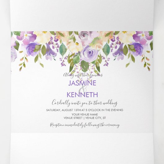Paars Lavender Champagne Waterverf Floral Drieluik Uitnodiging (Binnenkant midden)