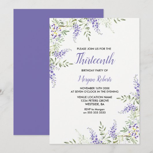 Paars Lavender Floral 13th Birthday Invite Kaart (Voorkant / Achterkant)