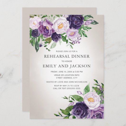Paars lavender Greenery Grey Rehearsal Dinner Kaart (Voorkant / Achterkant)