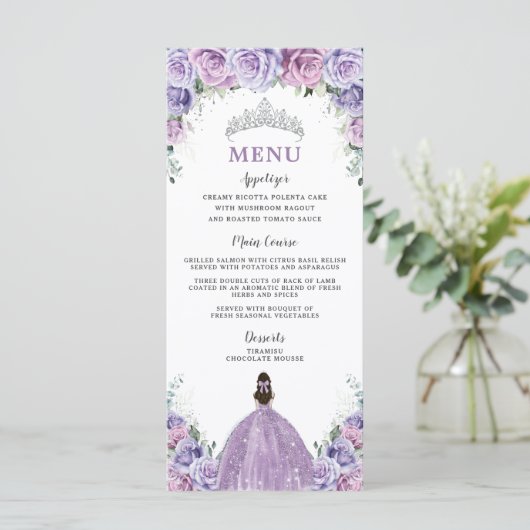 Paars Lavender Lila Roos Floral Quinceañera Menu (Staand voorkant)