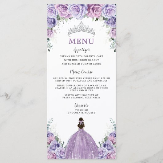 Paars Lavender Lila Roos Floral Quinceañera Menu (Voorkant)