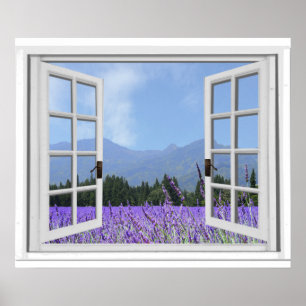 Paars lavender Meadow Garden Uitzicht Fake Window Poster