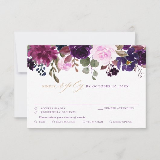 Paars Lavender Plum Floral Boho Wedding RSVP Kaartje (Voorkant)