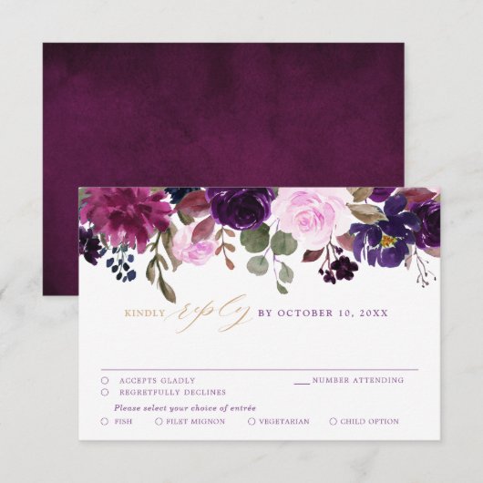 Paars Lavender Plum Floral Boho Wedding RSVP Kaartje (Voorkant / Achterkant)