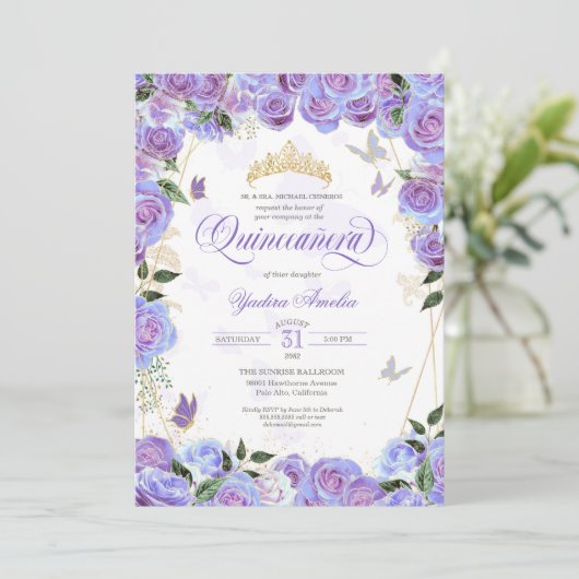 Paars lavender Roos Elegant Butterfly Quinceanera Kaart (Staand voorkant)