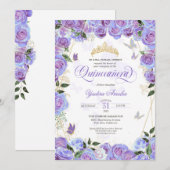 Paars lavender Roos Elegant Butterfly Quinceanera Kaart (Voorkant / Achterkant)
