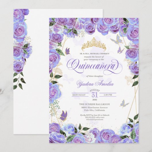 Paars lavender Roos Elegant Butterfly Quinceanera Kaart (Voorkant / Achterkant)