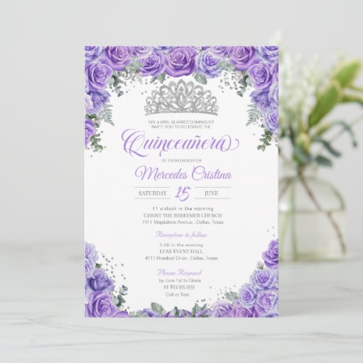 Paars lavender Roos & Silver Tiara Quinceanera Kaart (Staand voorkant)