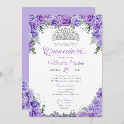 Paars lavender Roos & Silver Tiara Quinceanera Kaart (Voorkant / Achterkant)