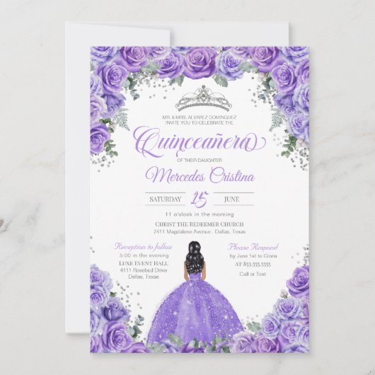 Paars Lavender Roos Silver Tiara Quinceanera Kaart (Voorkant)