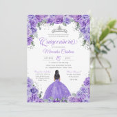 Paars Lavender Roos Silver Tiara Quinceanera Kaart (Staand voorkant)