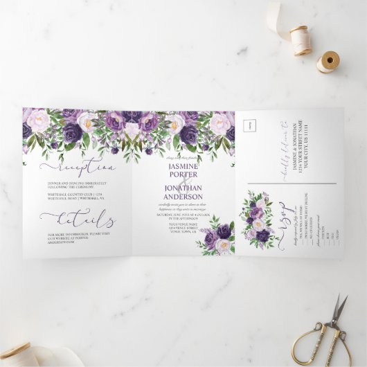 Paars, lavender, roze Floral Boho Wedding | Drieluik Uitnodiging (Binnen)